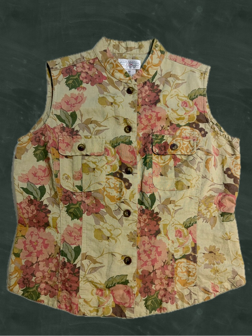VINTAGE 90s floral rose jacket vest button front sleeveless flower garden earthy
